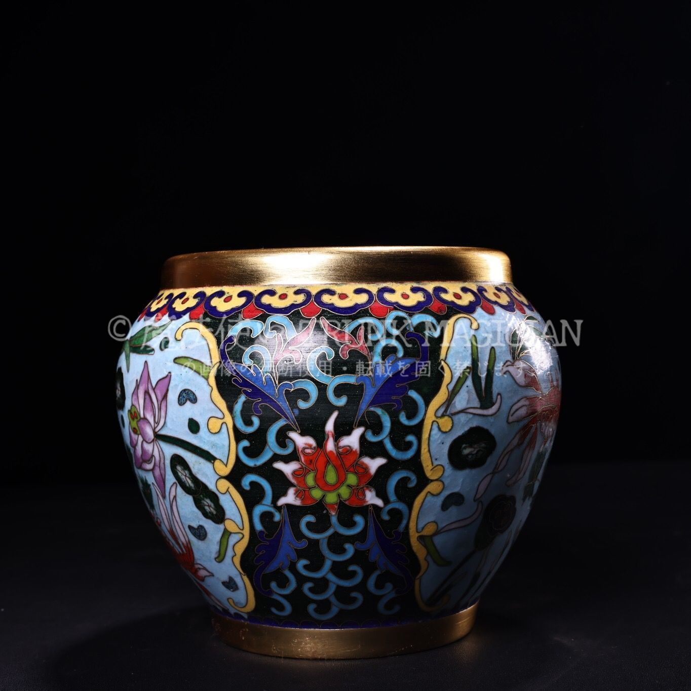 旧家蔵出し 銅製 景泰藍 琺瑯彩 魚紋缸 箱付 置物 賞物 供養品 古美術