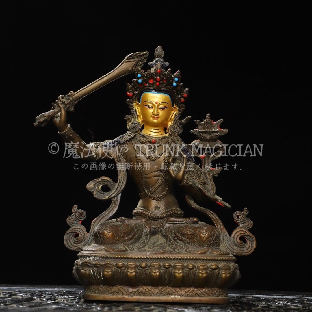 旧家蔵出し 銅製 塗金 文殊菩薩像 仏像 宗教 仏教古美術 供養品 古美術