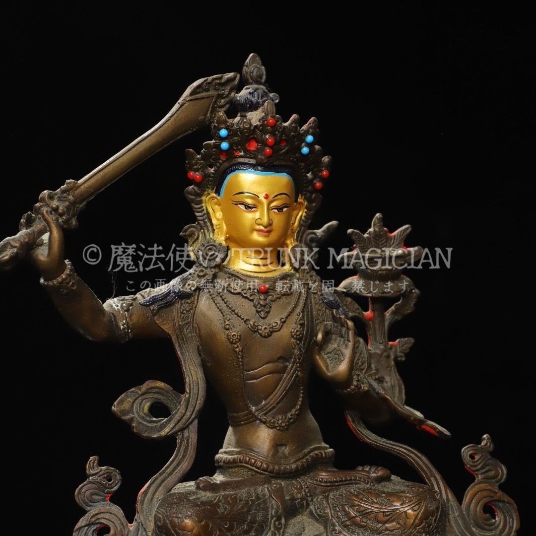 旧家蔵出し 銅製 塗金 文殊菩薩像 仏像 宗教 仏教古美術 供養品 古美術