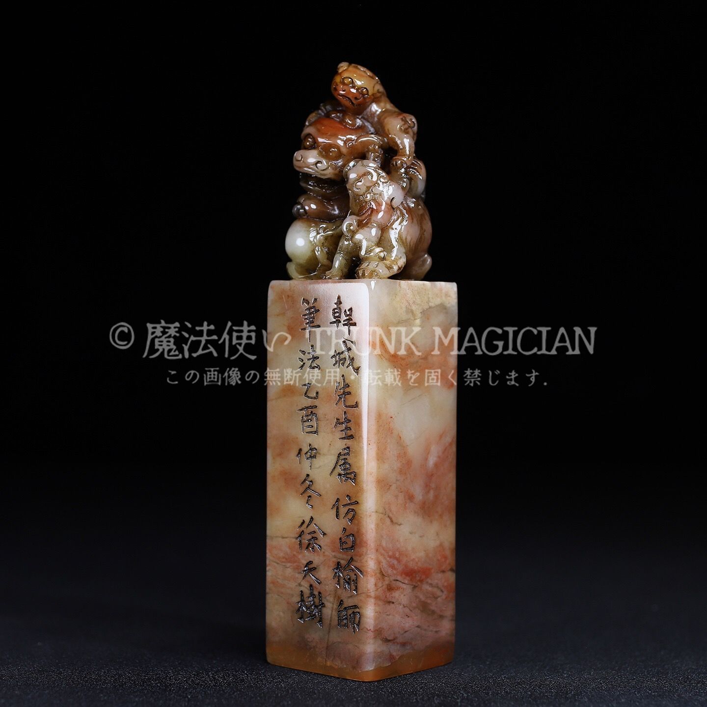 旧家蔵出し 寿山石 芙蓉石彫 獅子鈕印章 箱付 印鑒 書道品 文房賞物