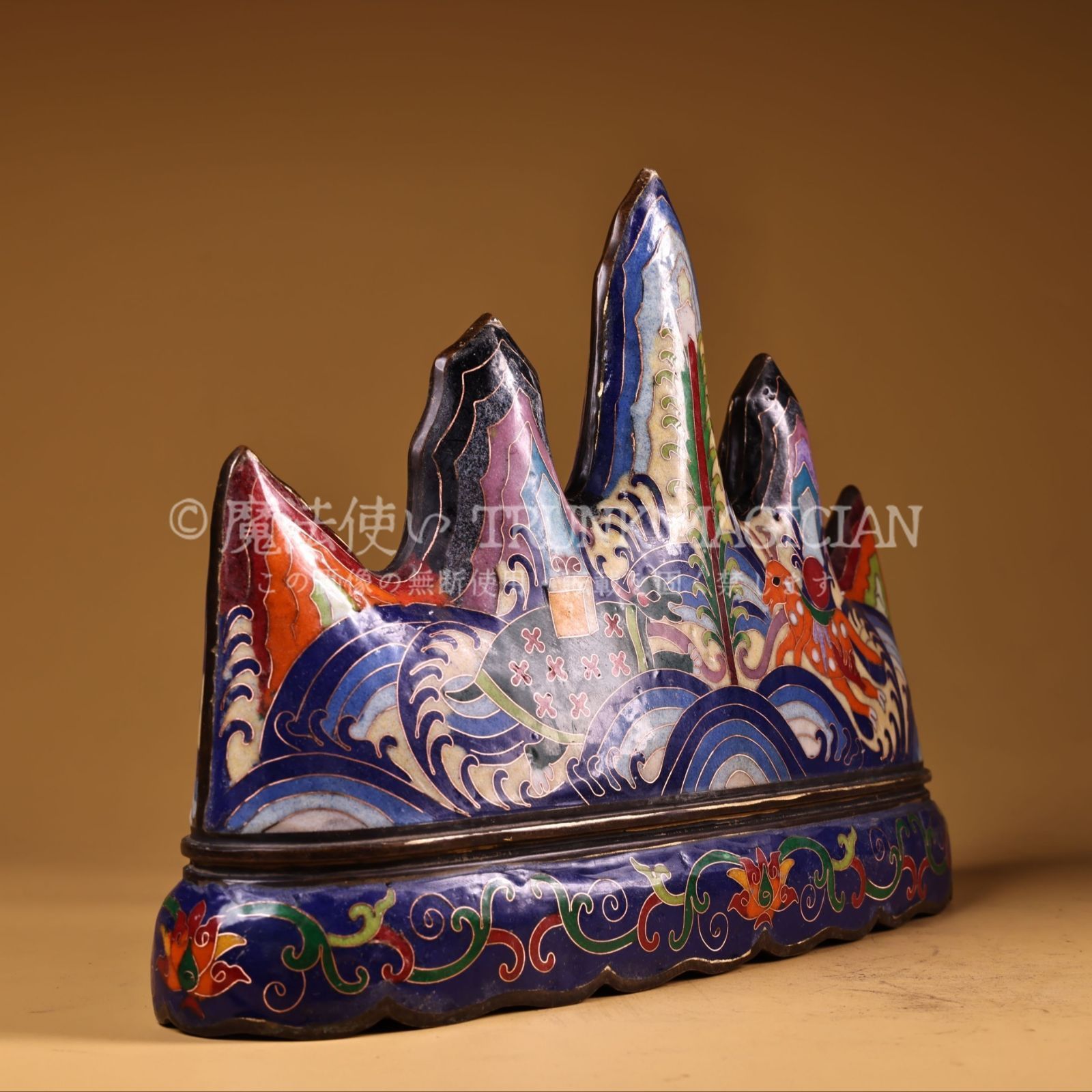 旧家蔵出し 銅製 景泰藍 琺瑯彩 神獣紋 筆架 置物 賞物 供養品 古美術