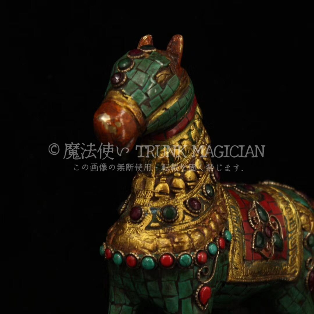 旧家蔵出し 銅製 寶石嵌 描金 彩繪 馬到成功 置物 賞物 供養品 古美術