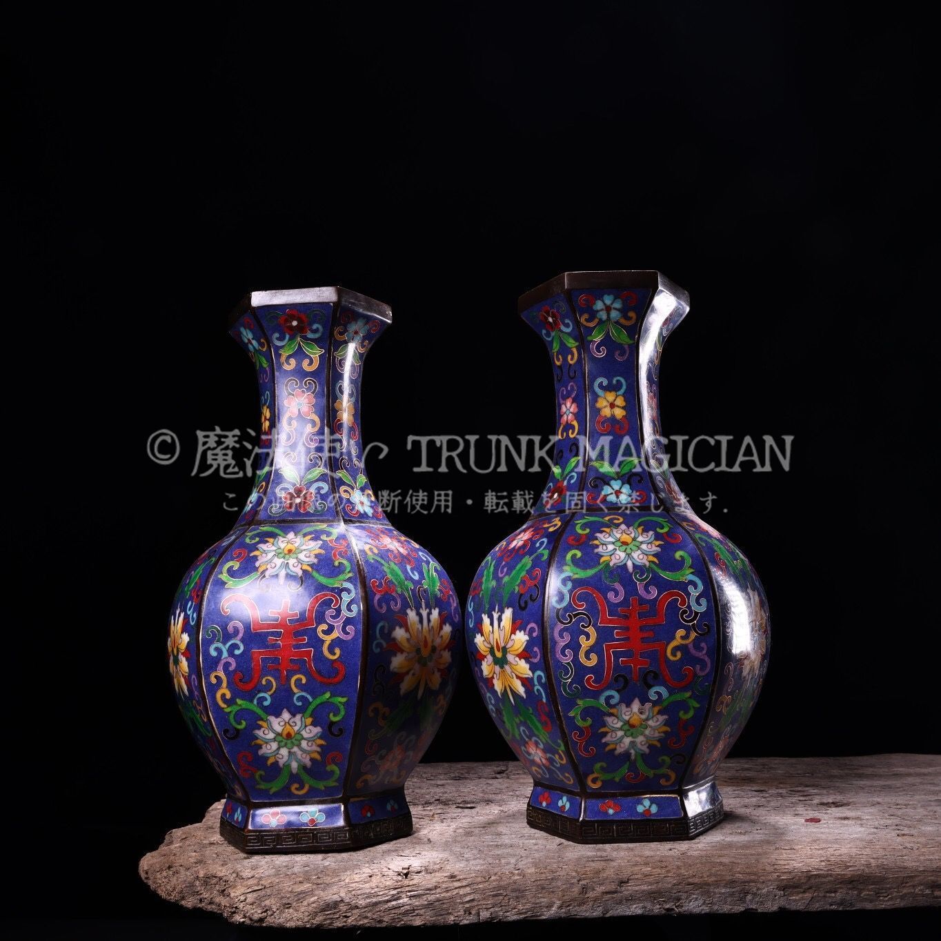 旧家蔵出し 銅製 景泰藍 琺瑯彩 龍鳳紋 花瓶一對 供養品 古美術品 収集