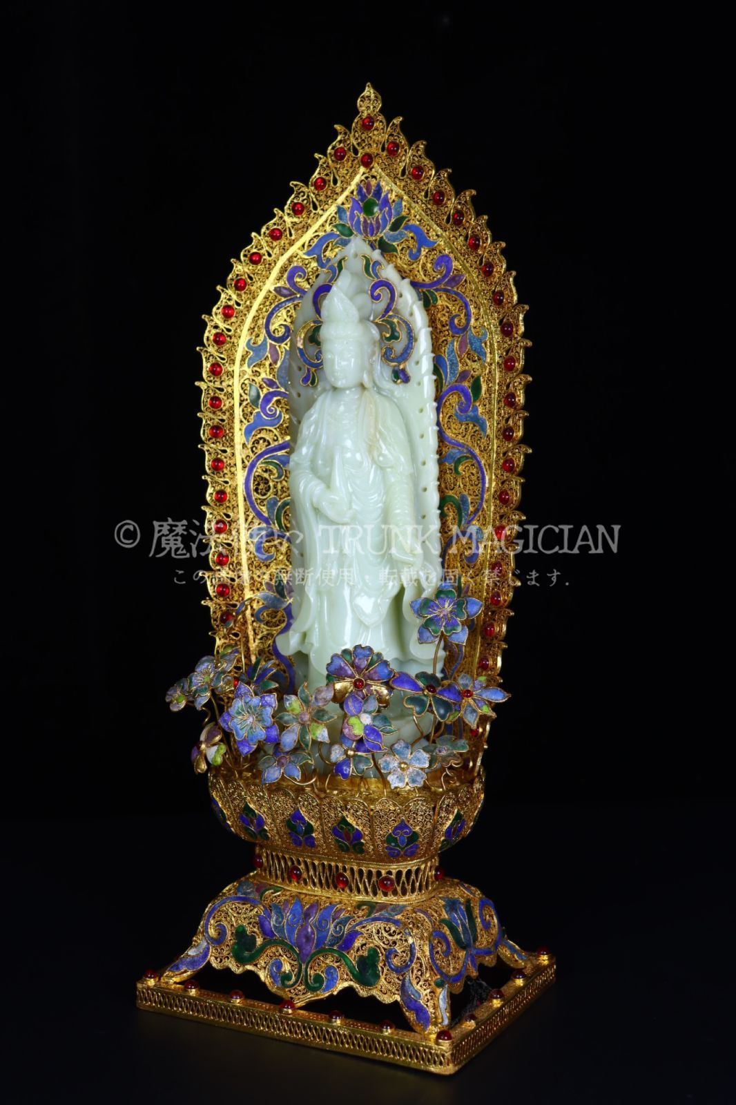 旧家蔵出し 和田玉細密彫 羊脂玉 花糸嵌 寶石嵌 景泰藍 觀音菩薩像
