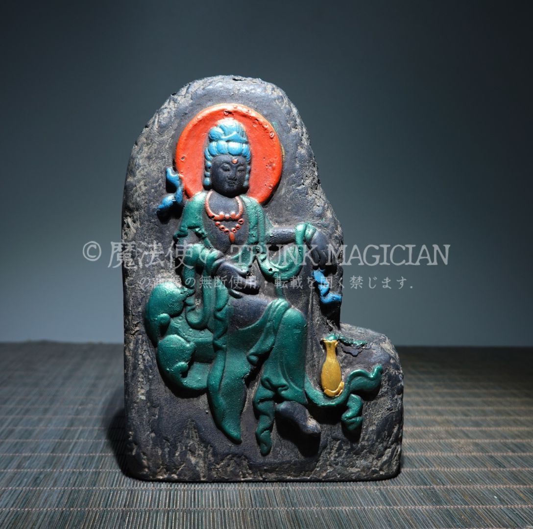 旧家蔵出し 金剛石細密彫 彩繪 自在觀音像 仏像 宗教 仏教古美術品