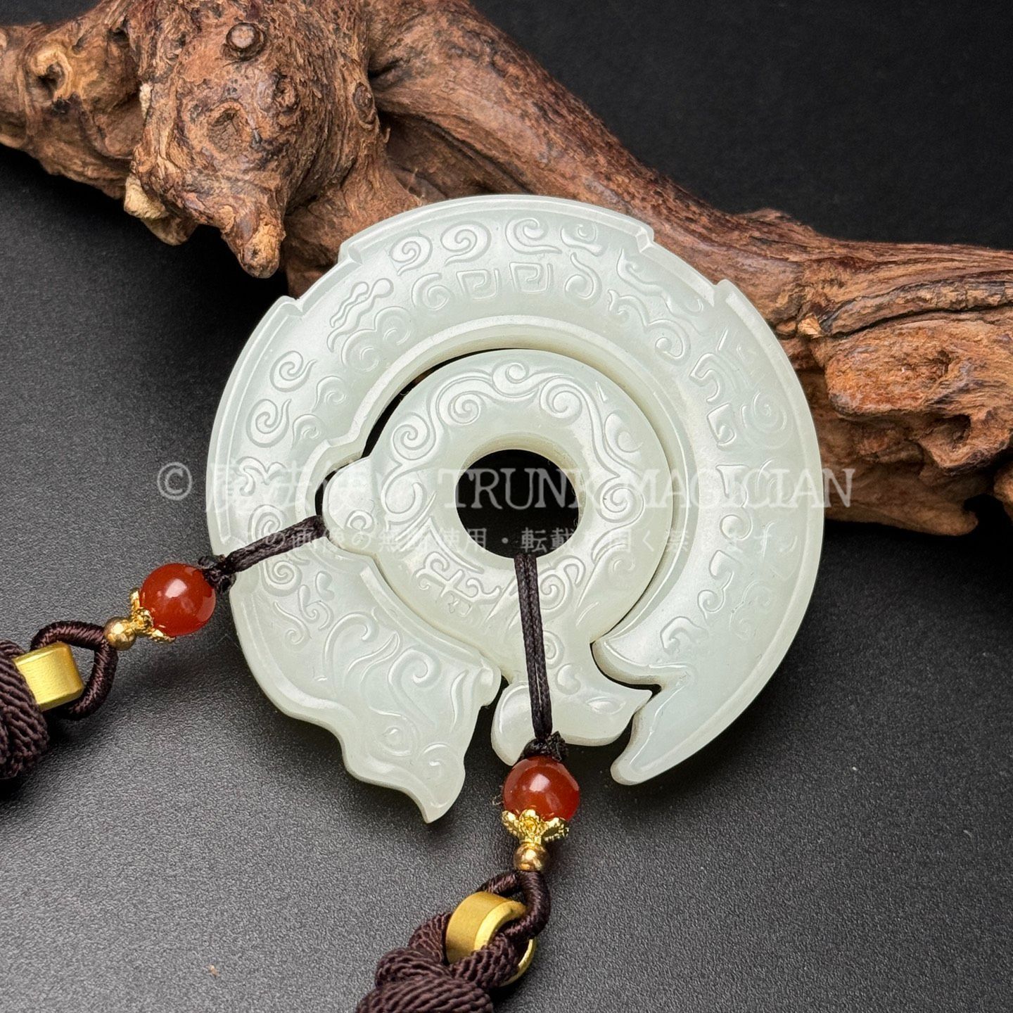 旧家蔵出し 和田玉細密彫 極品白玉 龍鳳呈祥紋 玉璧 根付 裝身具 置物