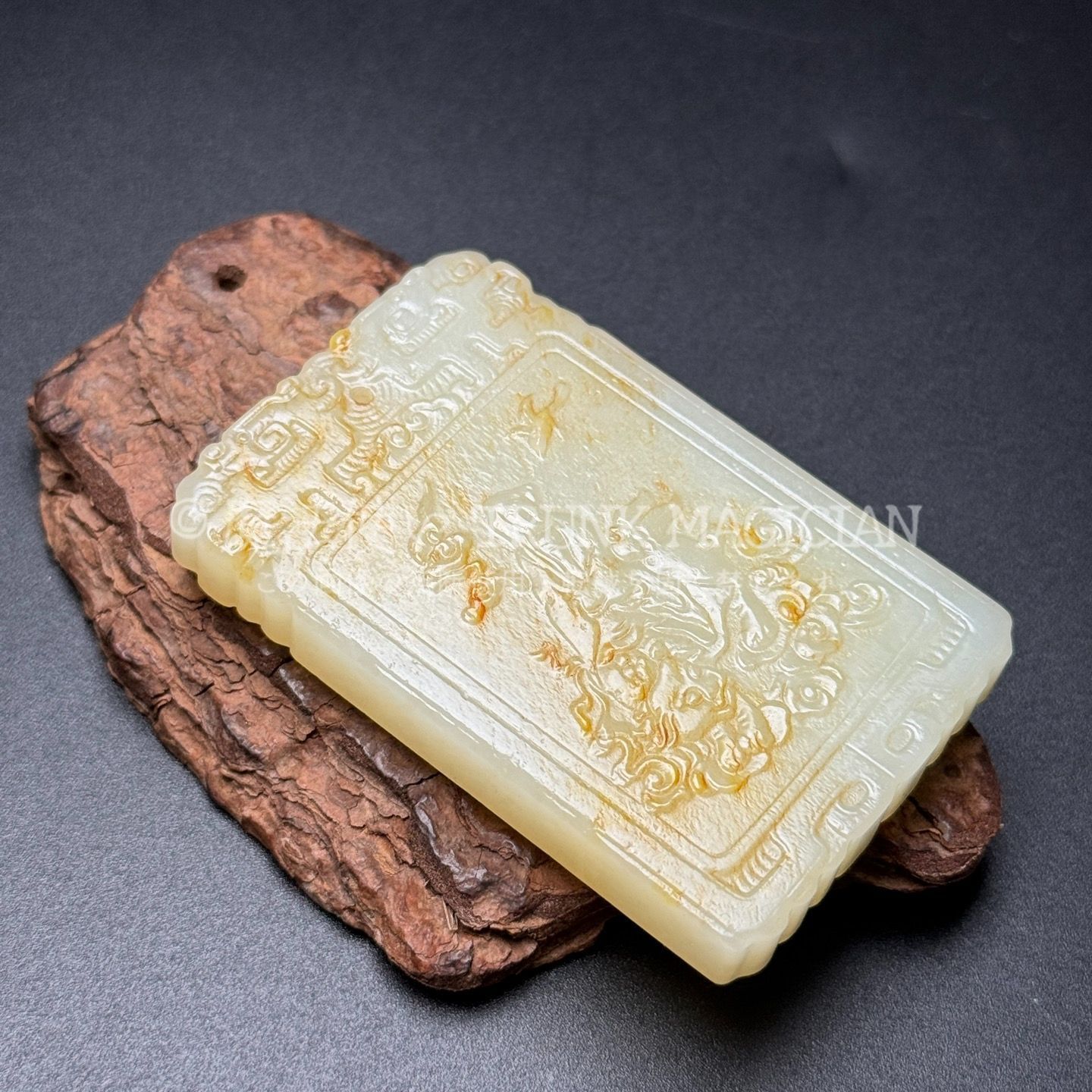 旧家蔵出し 和田玉細密彫 子剛牌 玉牌 文殊菩薩像 根付 裝身具 置物 賞