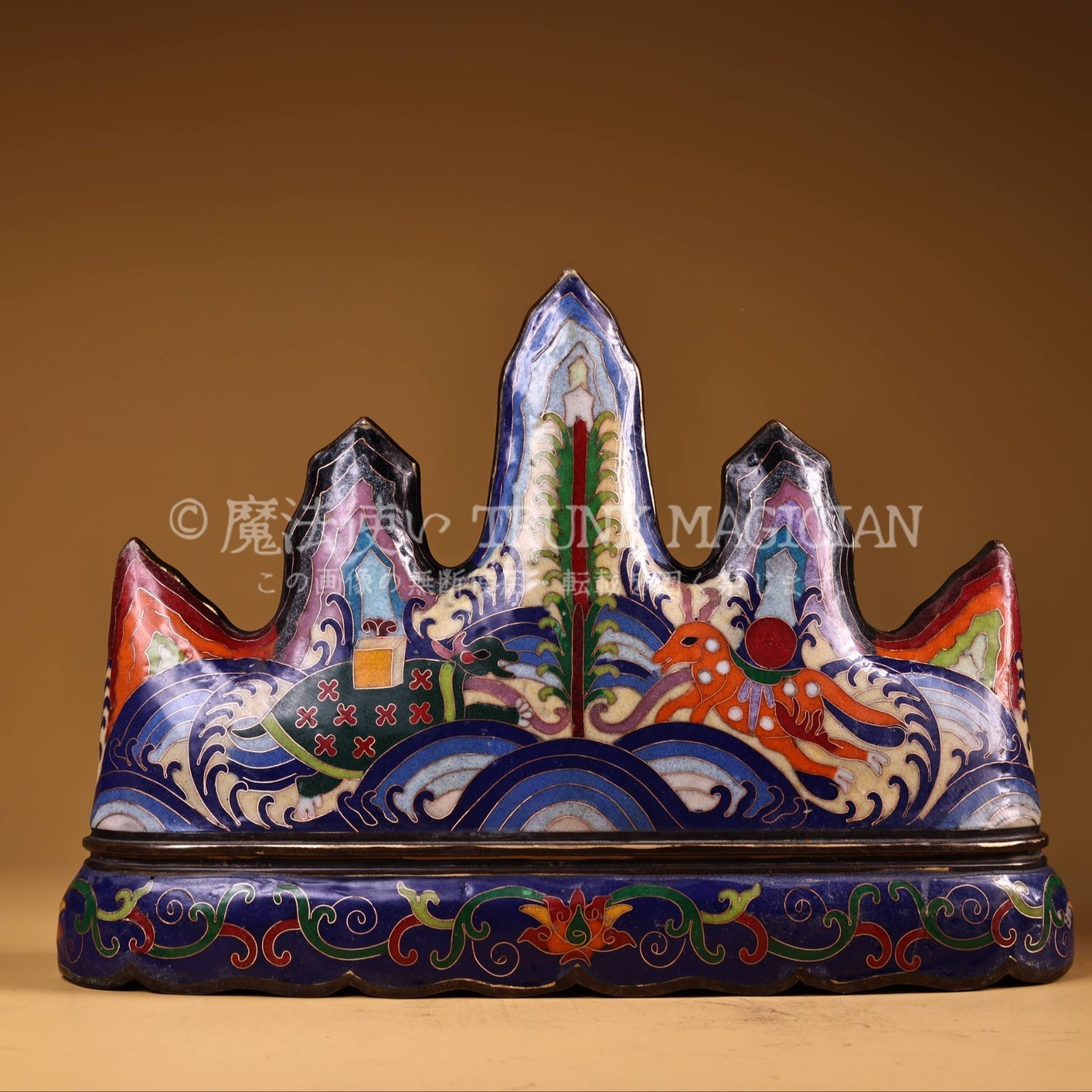 旧家蔵出し 銅製 景泰藍 琺瑯彩 神獣紋 筆架 置物 賞物 供養品 古美術