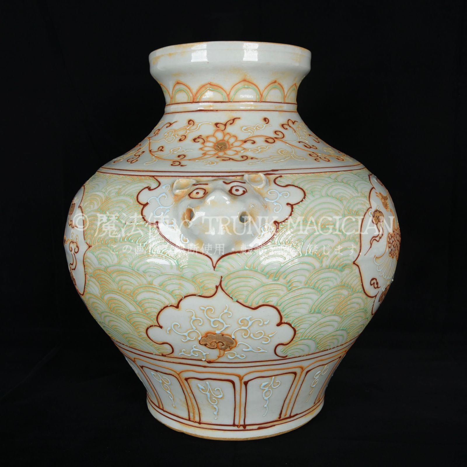 旧家蔵出し 元 粉彩 描金 開窗 海水鳳紋 獣頭罐 古陶瓷器 陶芸 造型