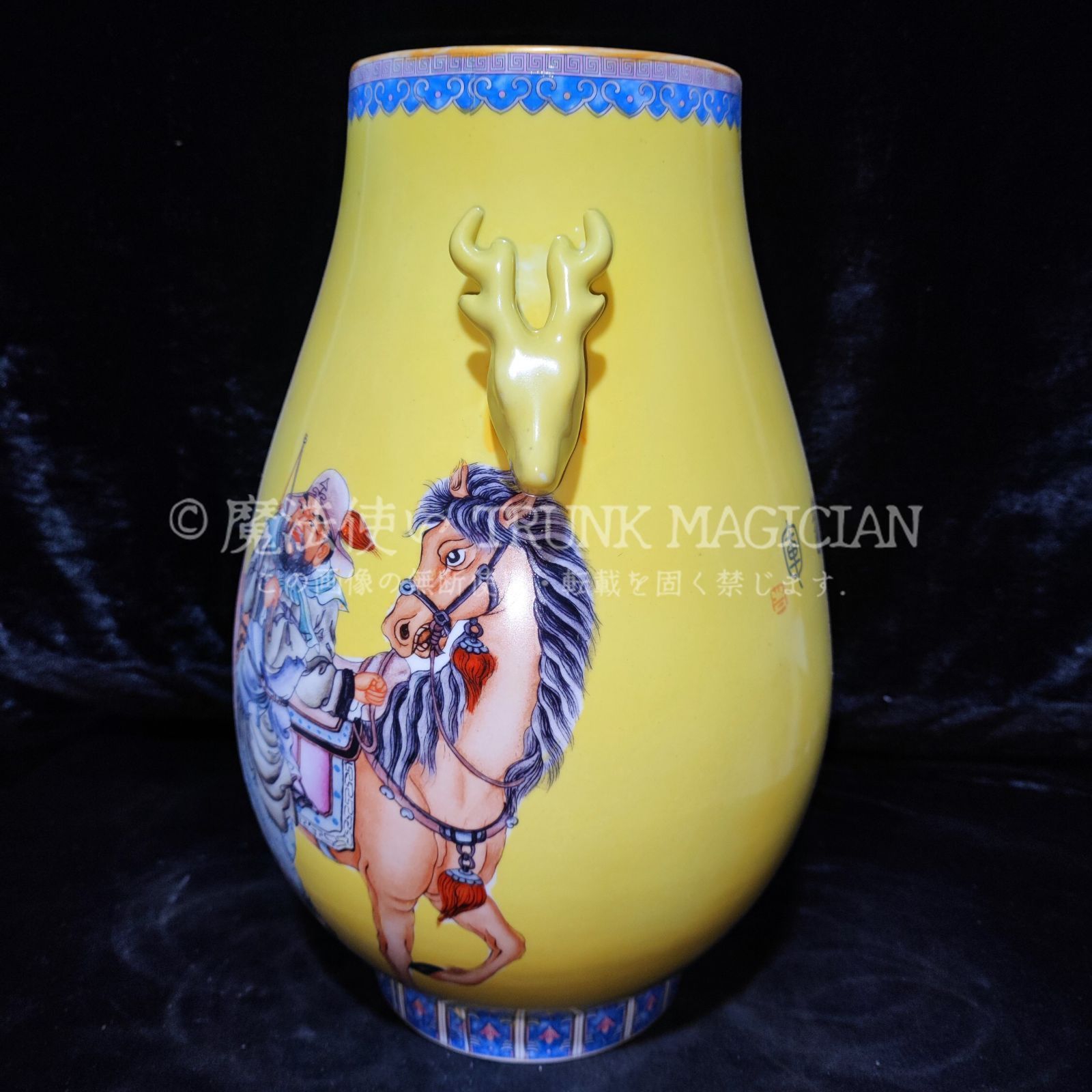 旧家蔵出し古陶瓷器 磁器 清 粉彩 彩繪 木蘭從軍紋 鹿頭尊 花瓶 花器