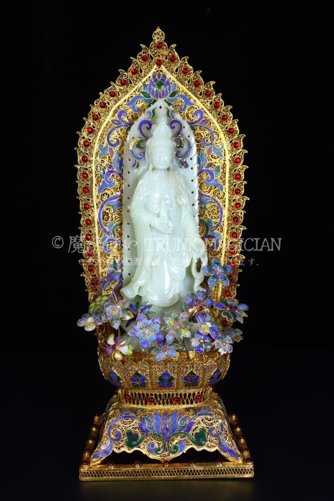 旧家蔵出し 和田玉細密彫 羊脂玉 花糸嵌 寶石嵌 景泰藍 觀音菩薩像