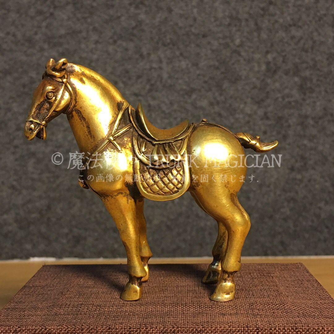 旧家蔵出し 紫銅製 浮彫 鏨刻 塗金 馬到成功 置物 賞物 供養品 古美術