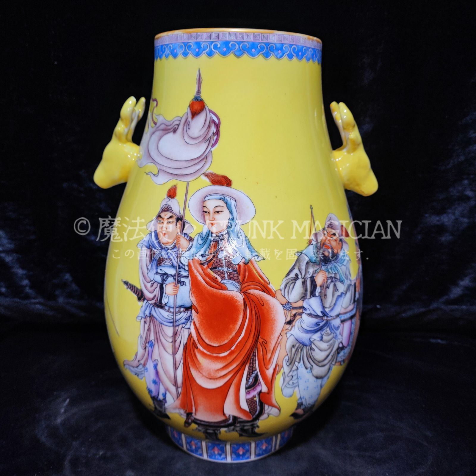 旧家蔵出し古陶瓷器 磁器 清 粉彩 彩繪 木蘭從軍紋 鹿頭尊 花瓶 花器