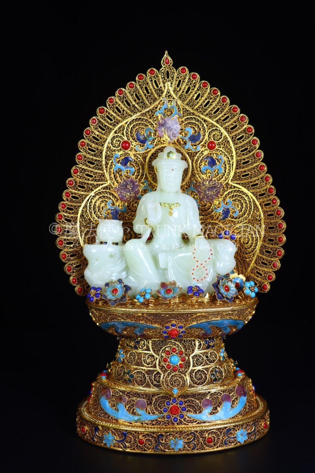 旧家蔵出し 和田玉細密彫 羊脂玉 花糸 寶石嵌 景泰藍 釋迦牟尼像 仏像