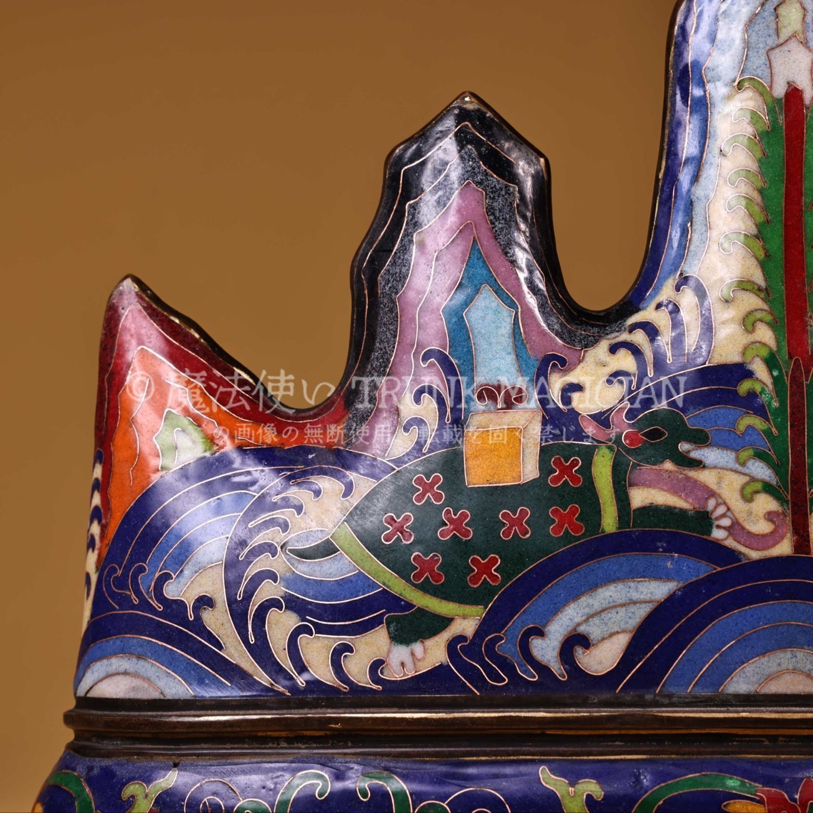 旧家蔵出し 銅製 景泰藍 琺瑯彩 神獣紋 筆架 置物 賞物 供養品 古美術