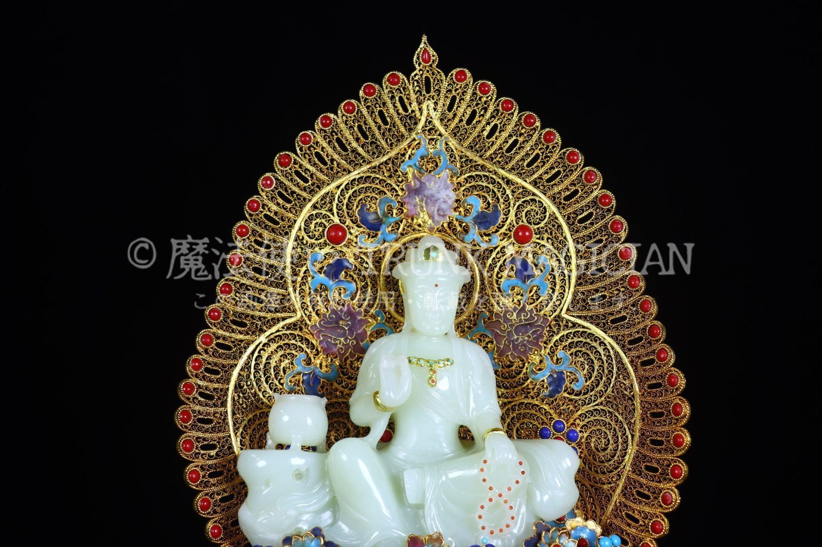 旧家蔵出し 和田玉細密彫 羊脂玉 花糸 寶石嵌 景泰藍 釋迦牟尼像 仏像