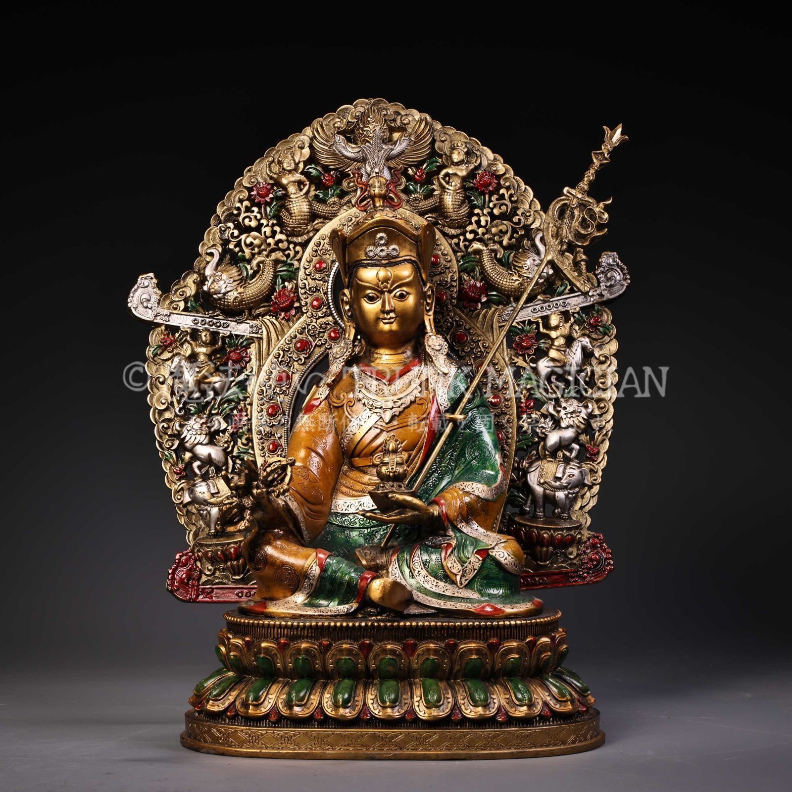 旧家蔵出し 銅製 描金 彩繪 蓮花生大師仏 仏像 宗教 仏教古美術 供養品