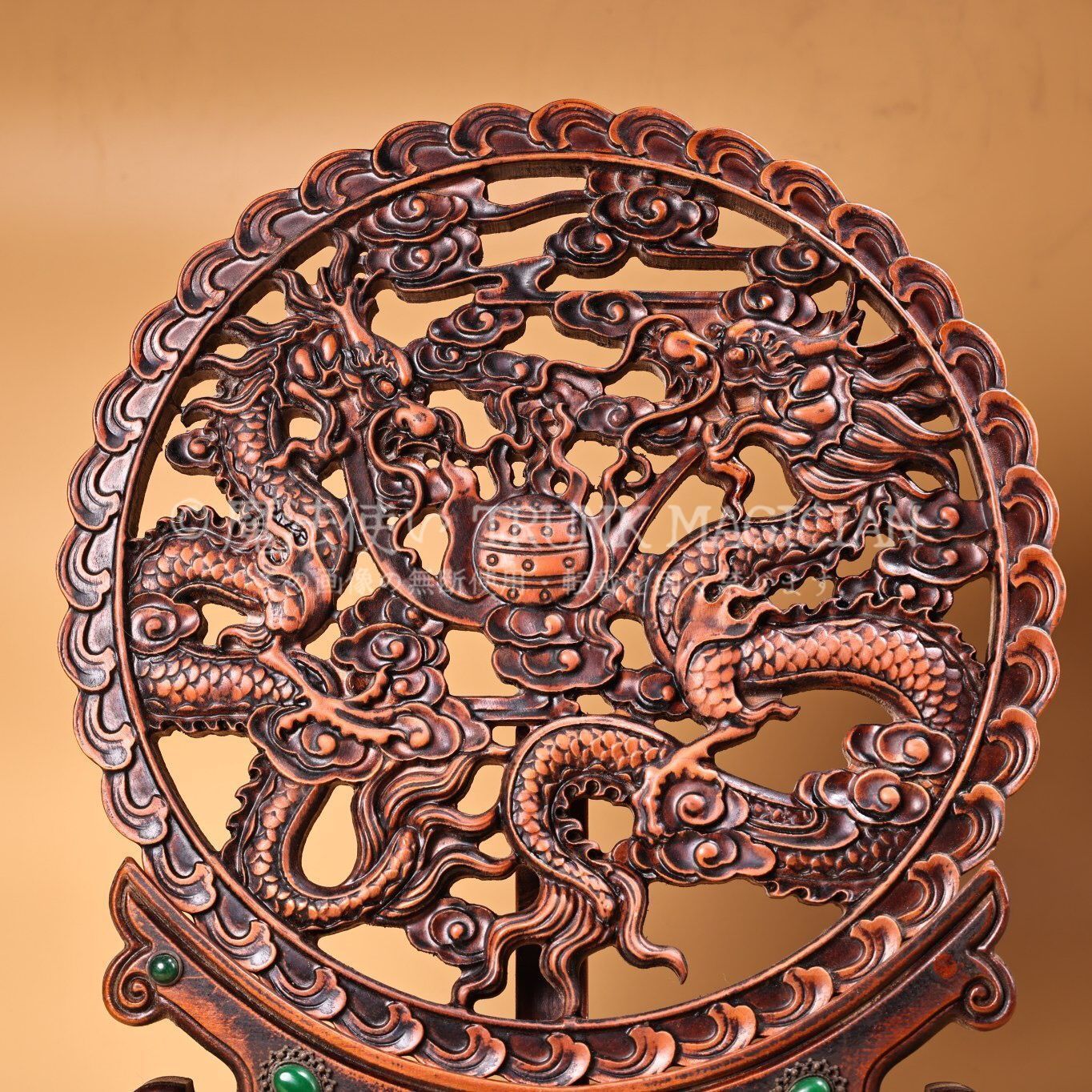 旧家蔵出し 黄楊木細密彫 寶石嵌 二龍戲珠紋 屏風 置物 賞物 供養品 古