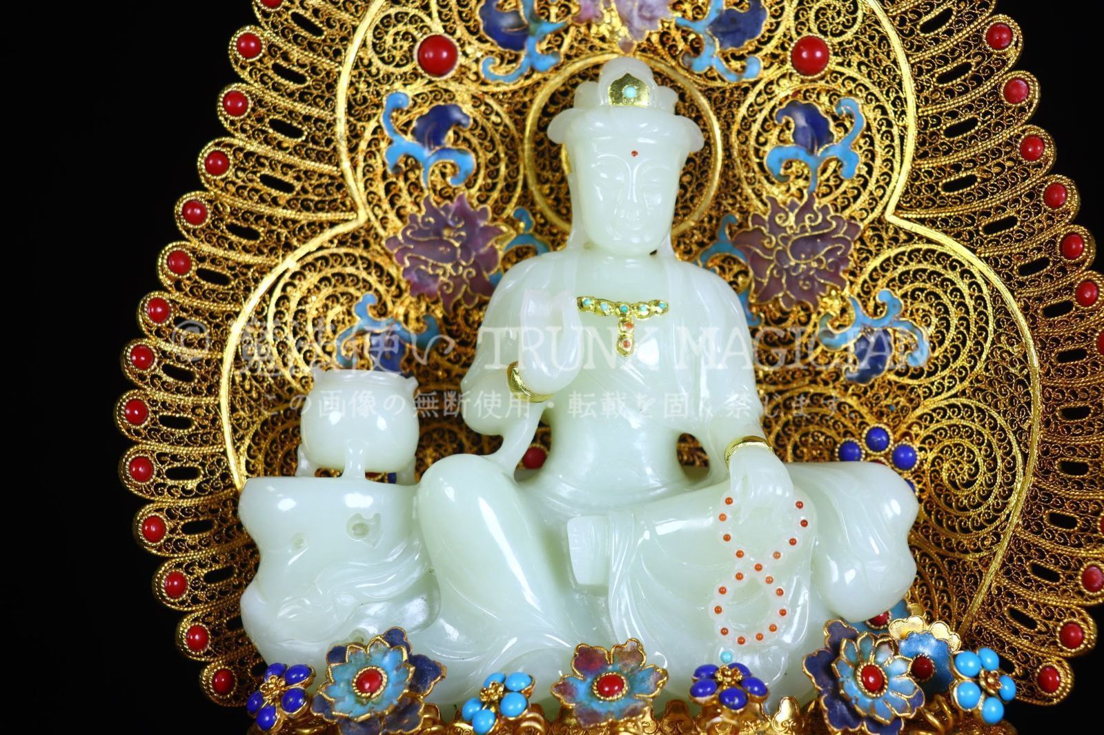 旧家蔵出し 和田玉細密彫 羊脂玉 花糸 寶石嵌 景泰藍 釋迦牟尼像 仏像