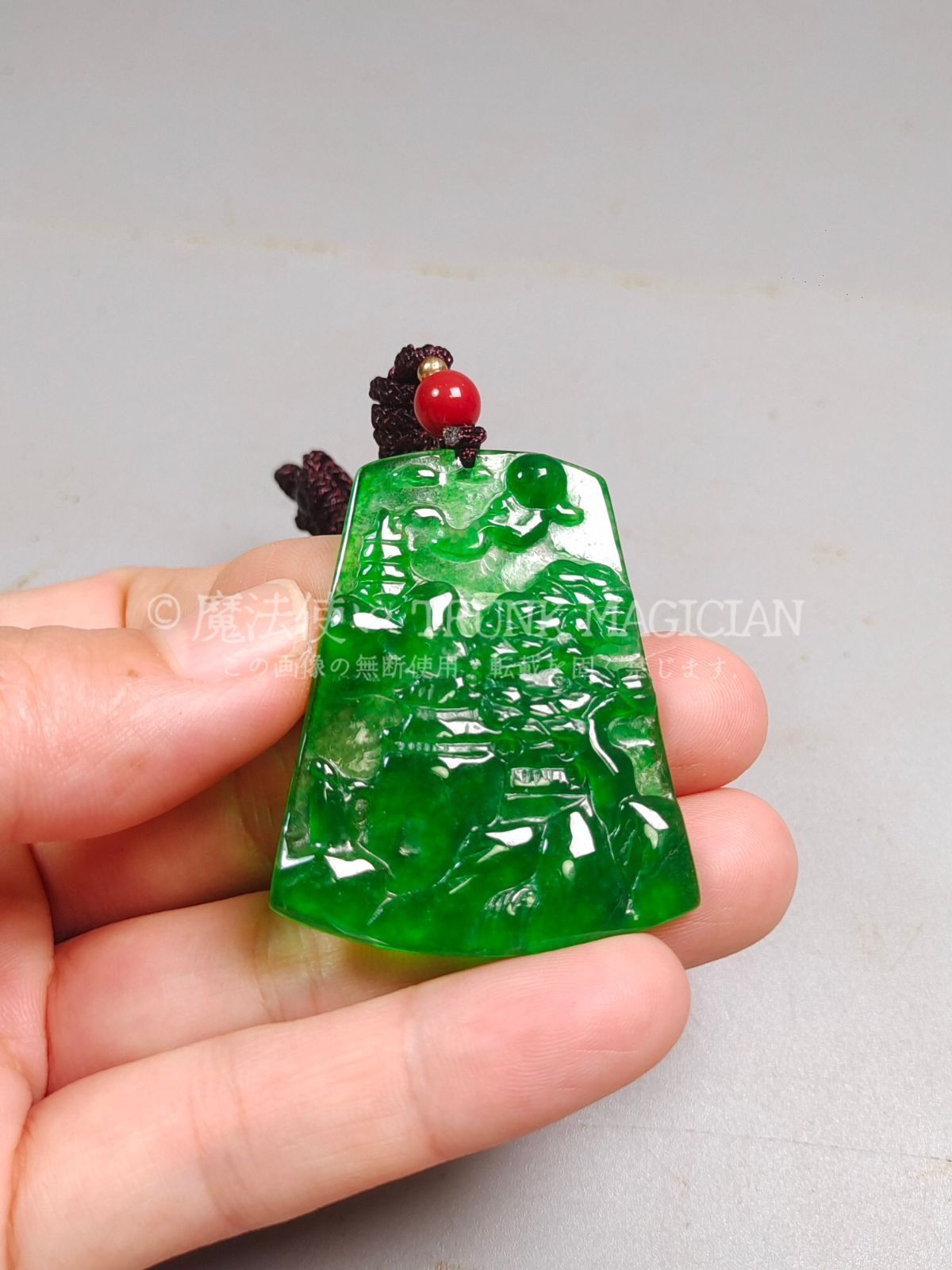 旧家蔵出し 翡翠製 細密彫 山水ペンダント 根付 裝身具 供養品 古美術