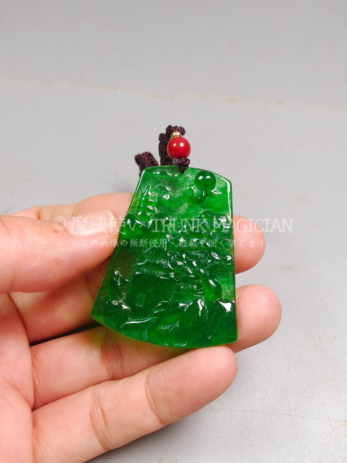 旧家蔵出し 翡翠製 細密彫 山水ペンダント 根付 裝身具 供養品 古美術