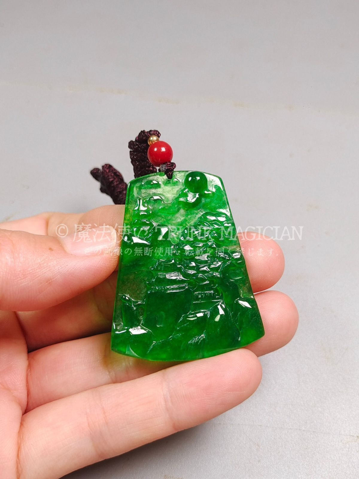 旧家蔵出し 翡翠製 細密彫 山水ペンダント 根付 裝身具 供養品 古美術