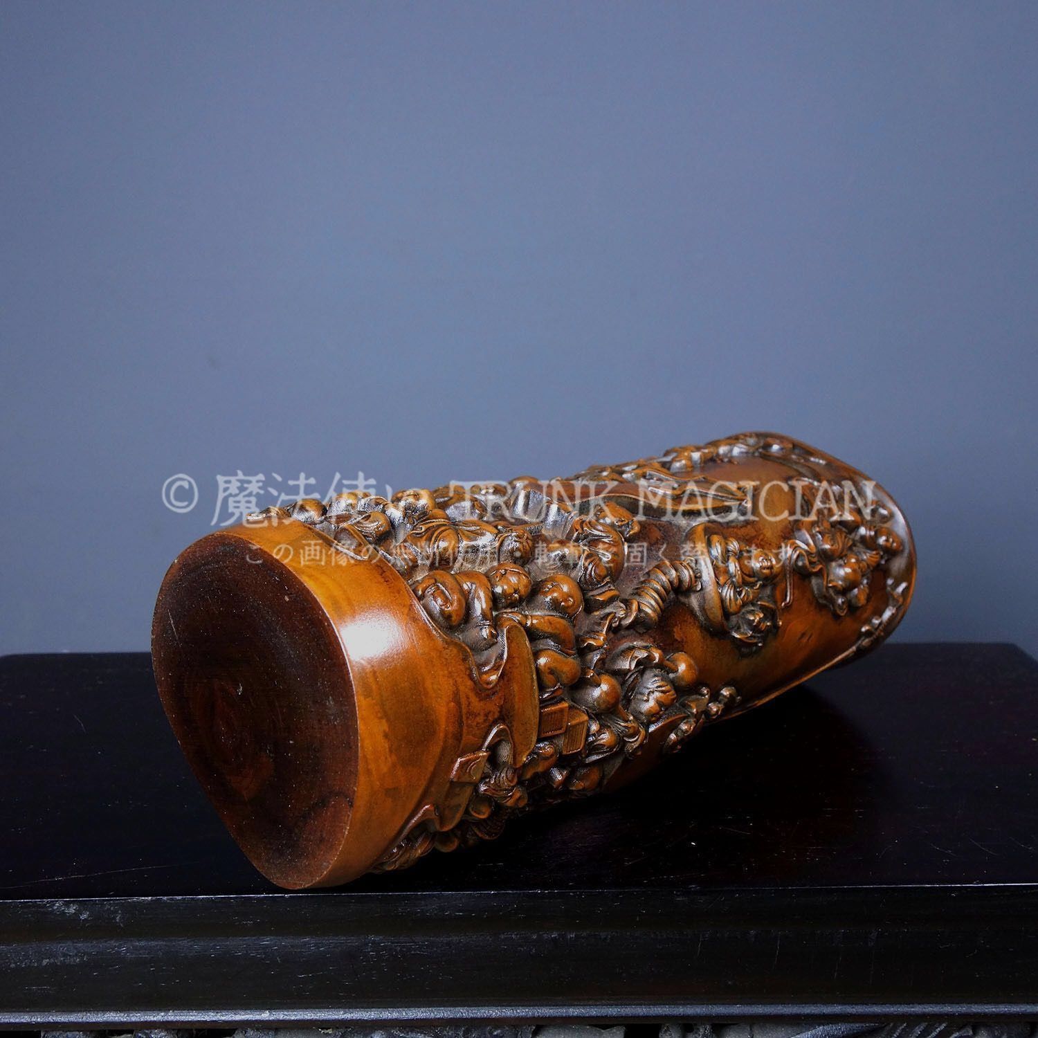 旧家蔵出し 黄楊木細密彫 百子紋 筆筒 筆立 文房具 書道品 供養品 古