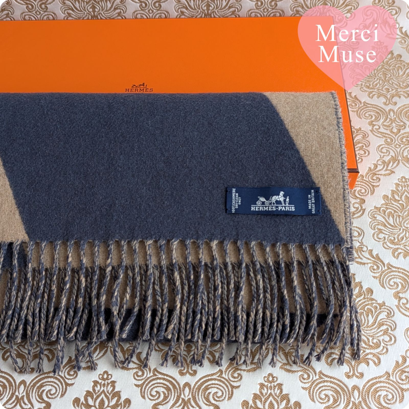 ❤お得なお品❤クリーニング済 カシミヤマフラー ベージュxネイビー