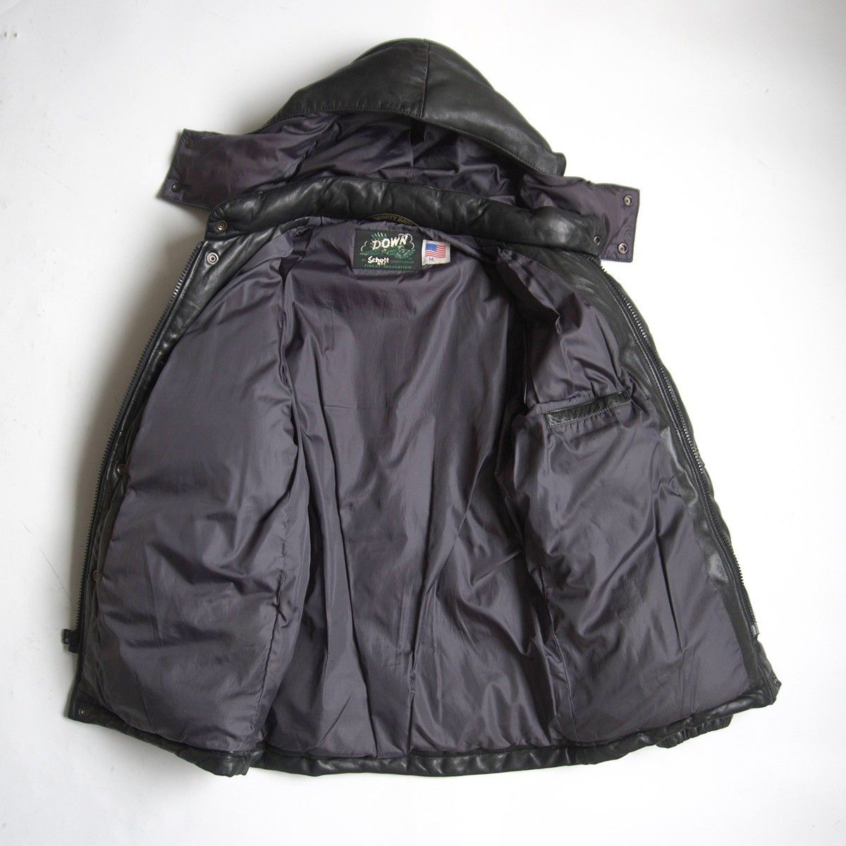 【美品】SCHOTT【フード付き レザーダウンジャケット】M ブラック ショット 26010763 美品】SCHOTT【フード付き レザーダウンジャケット】M ブラック