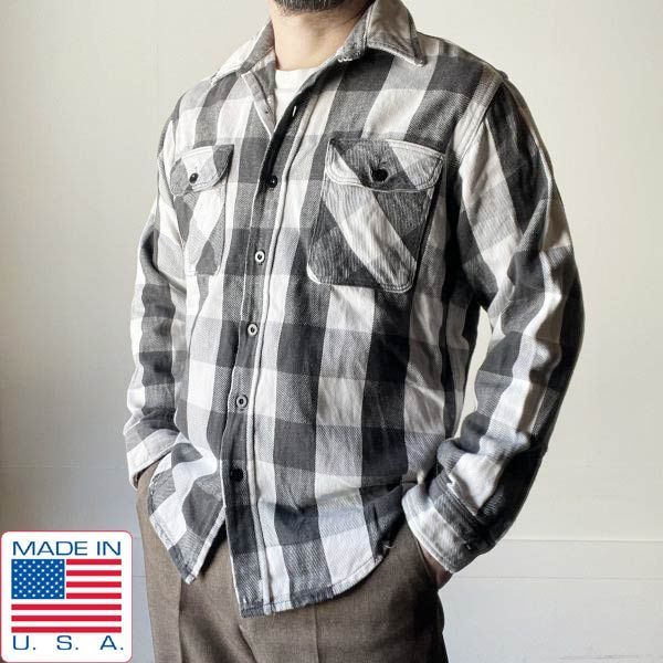 80s USA製 Prentiss ブロック チェック 柄 ボロ ネルシャツ M 黒×白 好