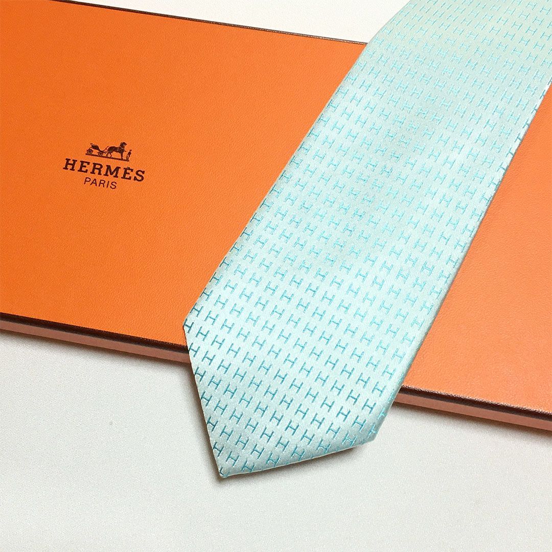 未使用級 エルメス HERMES ネクタイ シルク100% ライトブルー H柄 261