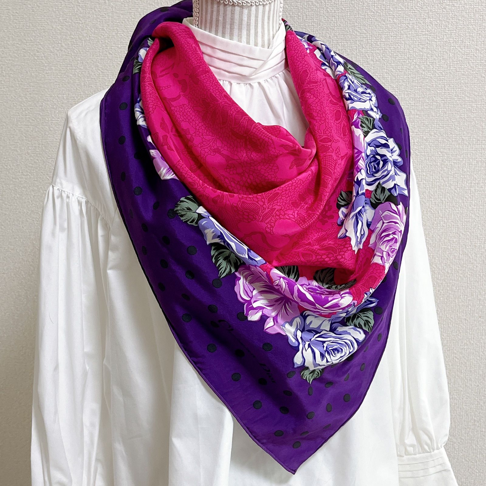 華やか美品✨Christian Dior クリスチャンディオール 大判スカーフ 花