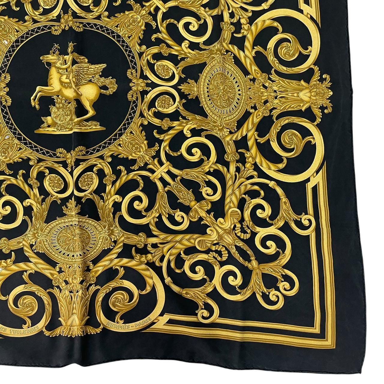 箱付き未使用品 エルメスカレ90 スカーフパリの橋　イエロー×ブラック HERMES エルメス スカーフ カレ90 LES TUILERIES チュイルリー公園