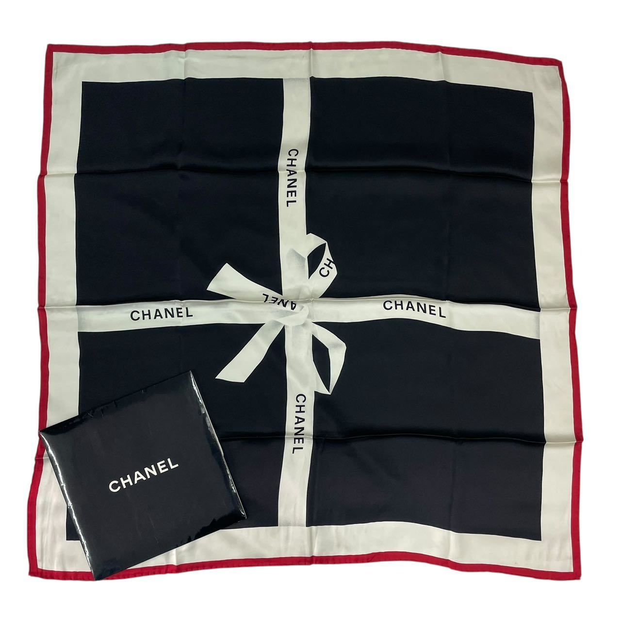 新品同様 CHANEL シャネル 大判 スカーフ リボン柄 シルク100
