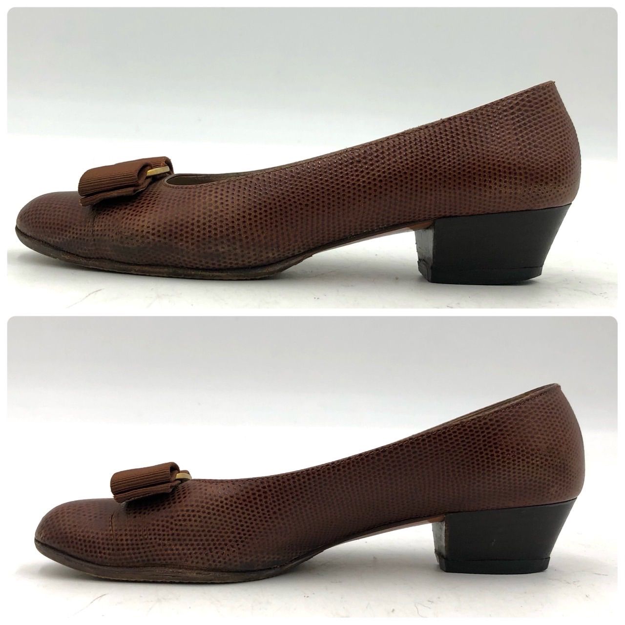 フェラガモ ヴァラ パンプス 23.5cm 茶 リザード 型押し レザー 革靴