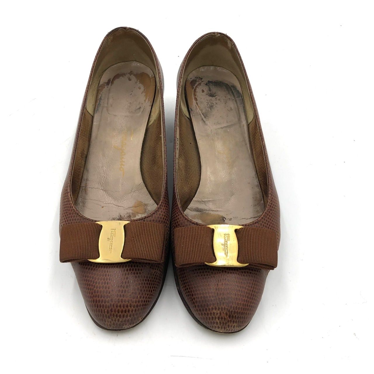 フェラガモ ヴァラ パンプス 23.5cm 茶 リザード 型押し レザー 革靴