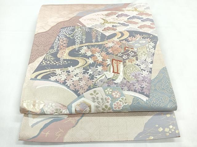 平和屋着物◎六通柄袋帯 唐織 吉祥萬代 花鳥冊子文 金銀糸 正絹 逸品