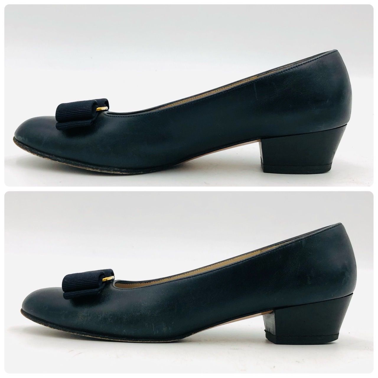 フェラガモ ヴァラ パンプス 23cm ネイビー 紺 リボン レザー ヒール