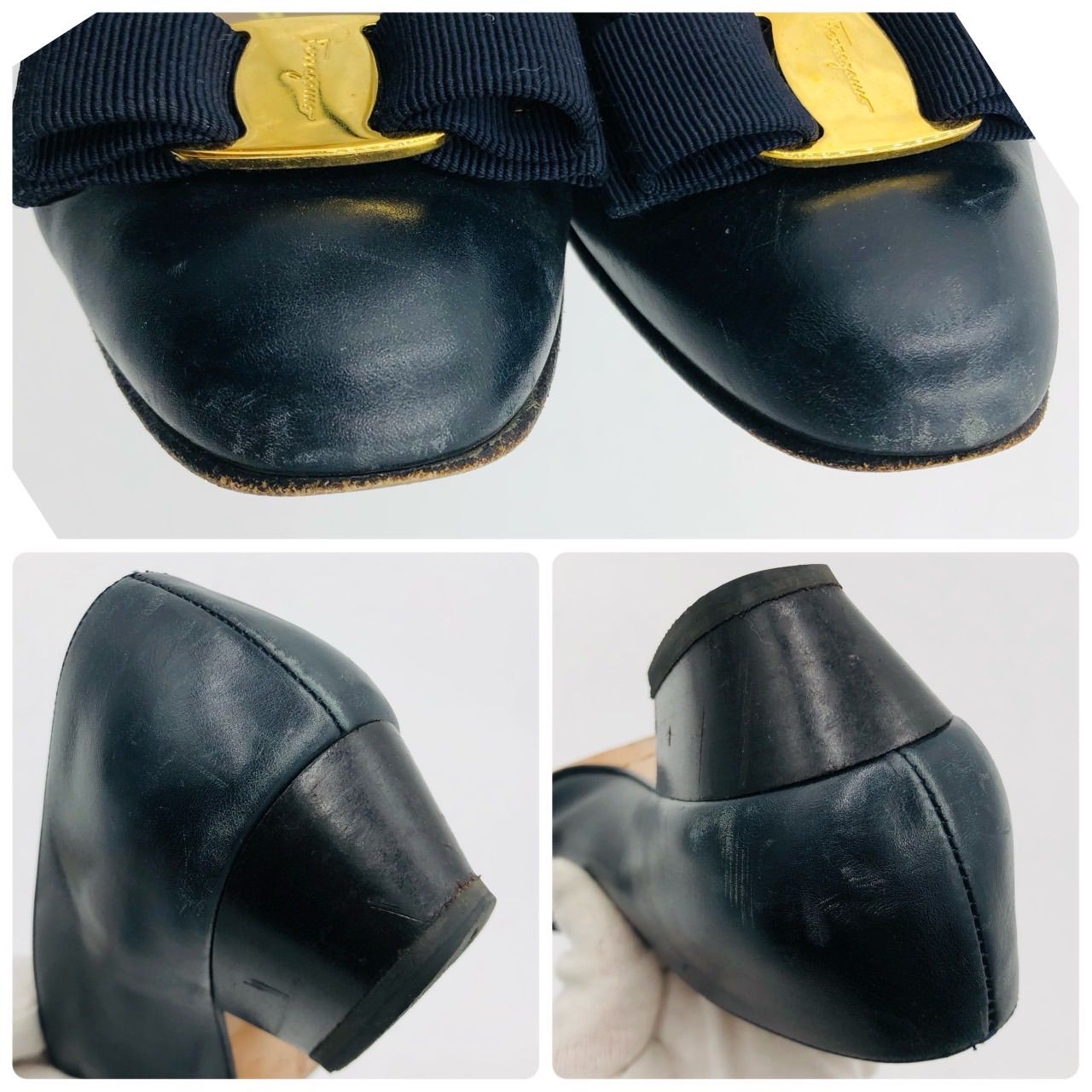 フェラガモ ヴァラ パンプス 23cm ネイビー 紺 リボン レザー ヒール