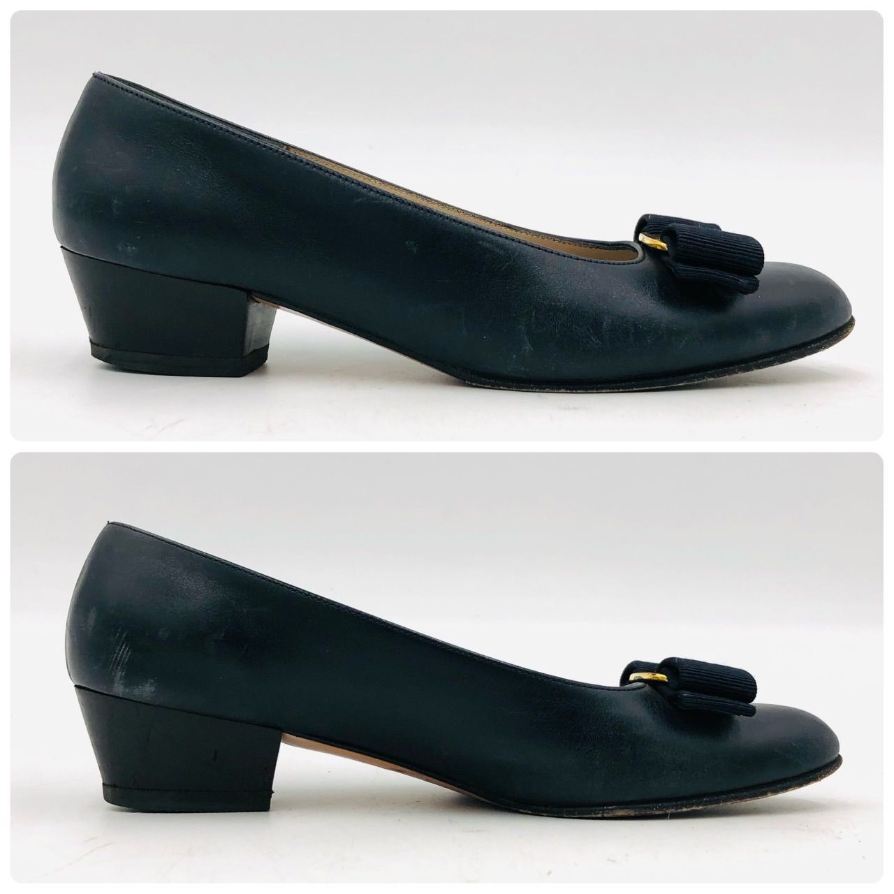 フェラガモ ヴァラ パンプス 23cm ネイビー 紺 リボン レザー ヒール