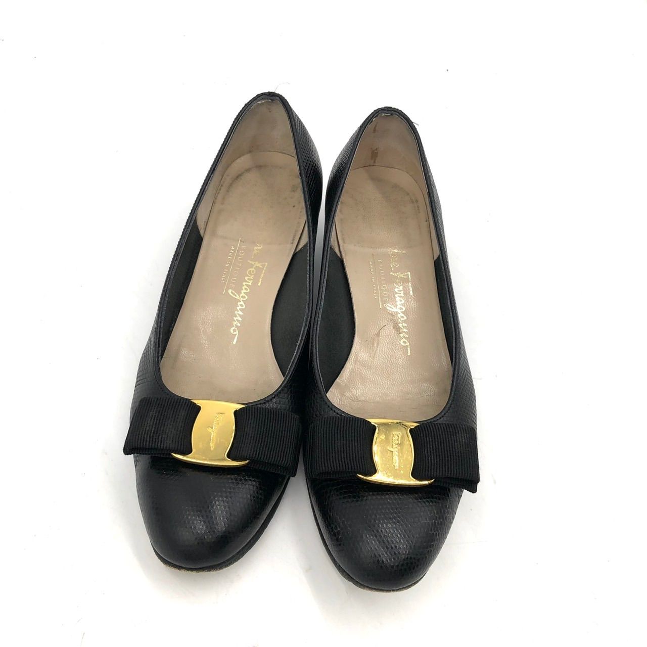 フェラガモ ヴァラ パンプス 23.5cm 黒 リザード 型押し レザー 革靴