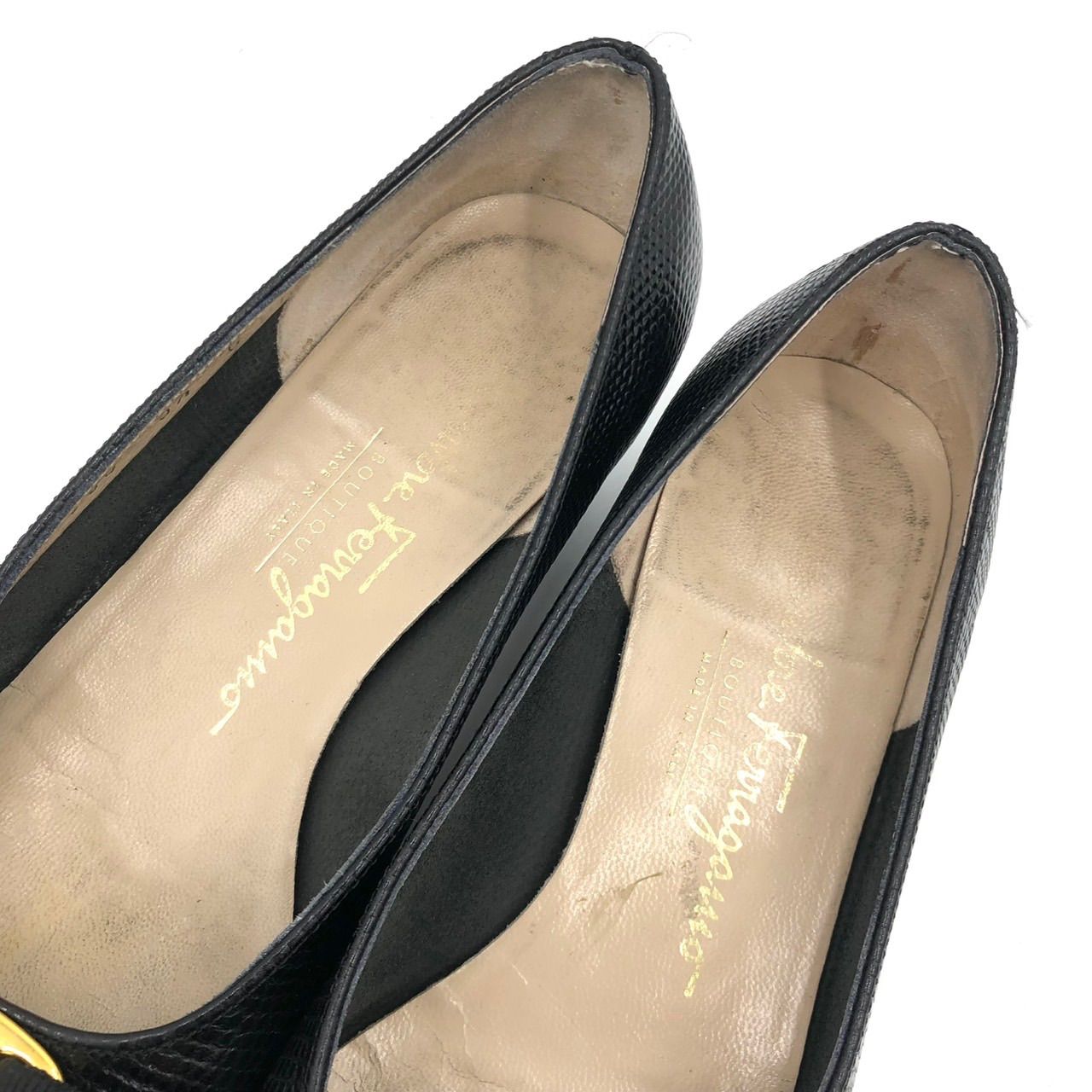 フェラガモ ヴァラ パンプス 23.5cm 黒 リザード 型押し レザー 革靴