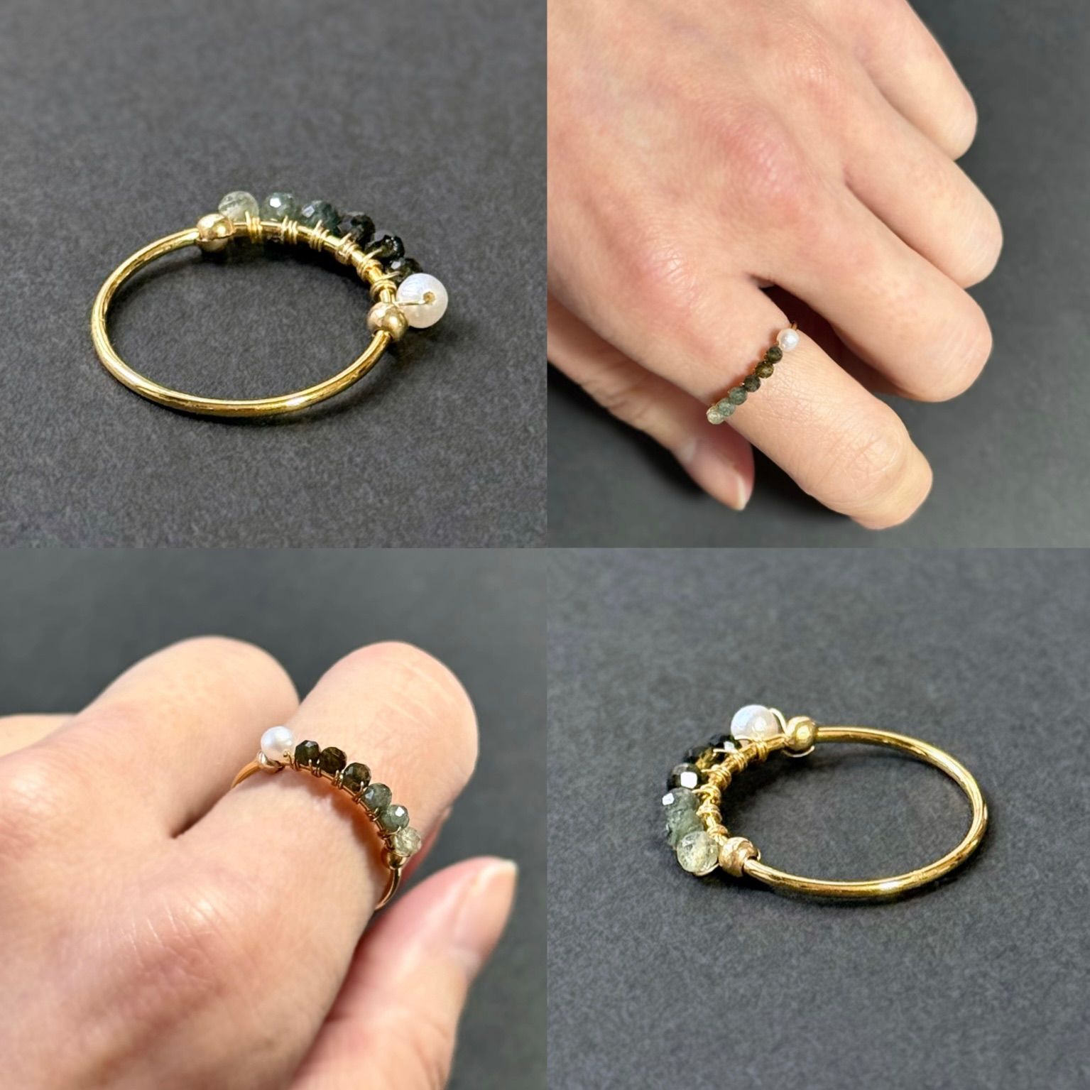 14kgf 宝石質AAAグレード モスアクアマリンと淡水パールのラインリング 