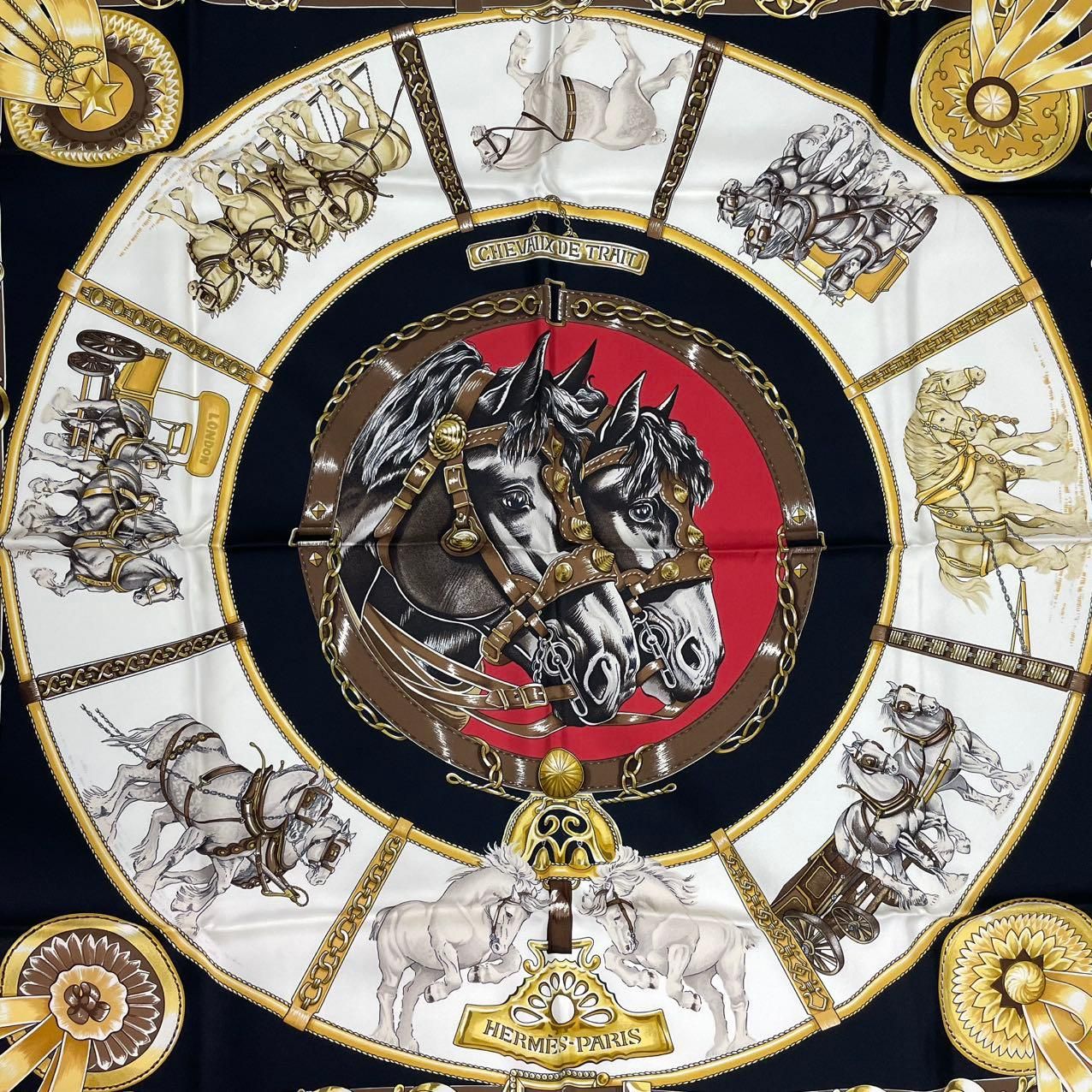 新品同様 HERMES エルメス カレ90 CHEVAUX DE TRAIT 輓馬 シルク100