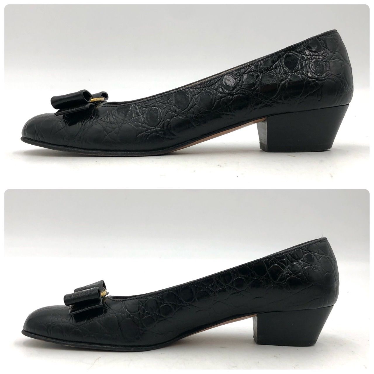 フェラガモ ヴァラ パンプス 23.5cm 黒 クロコ 型押し レザー 革靴 5.5