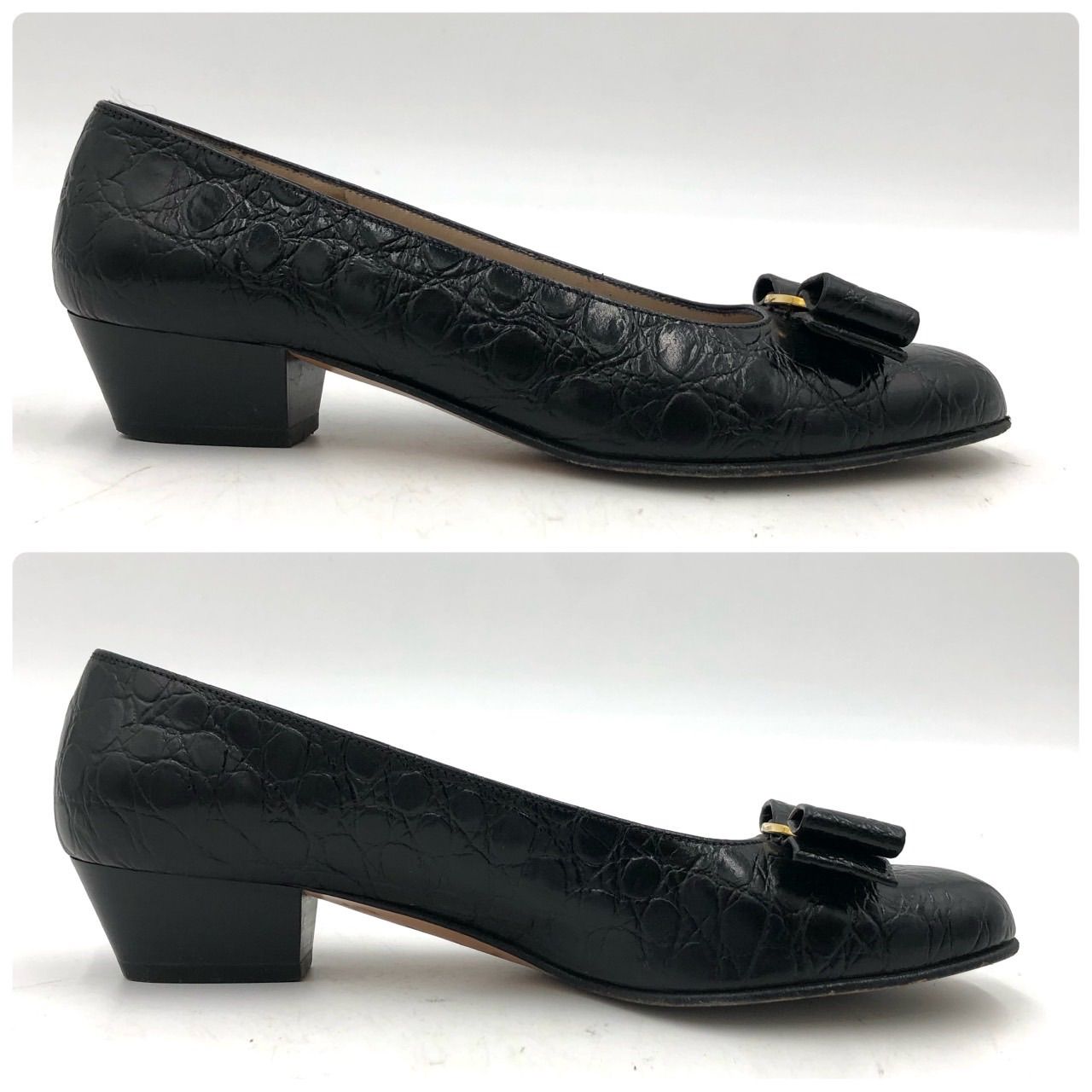 フェラガモ ヴァラ パンプス 23.5cm 黒 クロコ 型押し レザー 革靴 5.5
