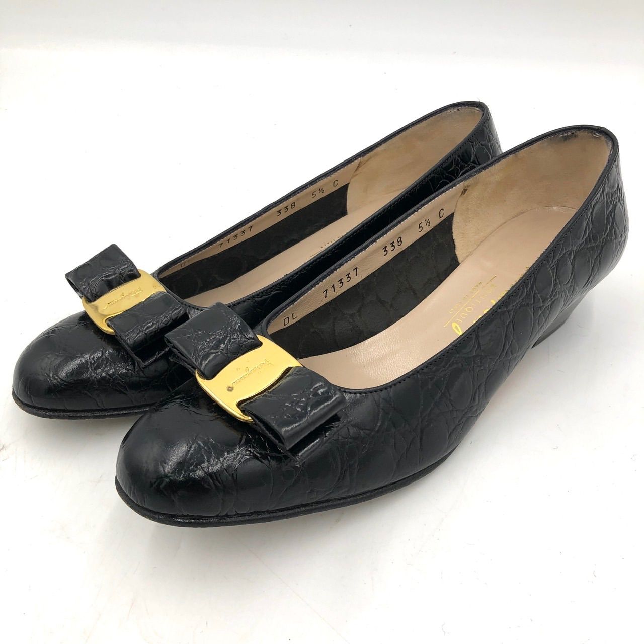 フェラガモ ヴァラ パンプス 23.5cm 黒 クロコ 型押し レザー 革靴 5.5