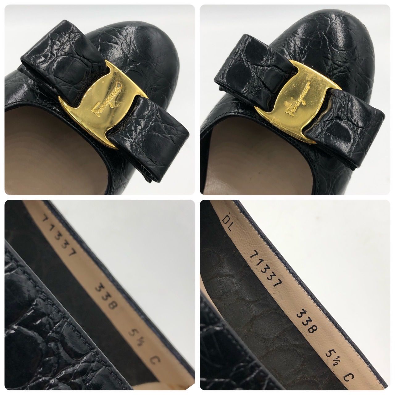 フェラガモ ヴァラ パンプス 23.5cm 黒 クロコ 型押し レザー 革靴 5.5