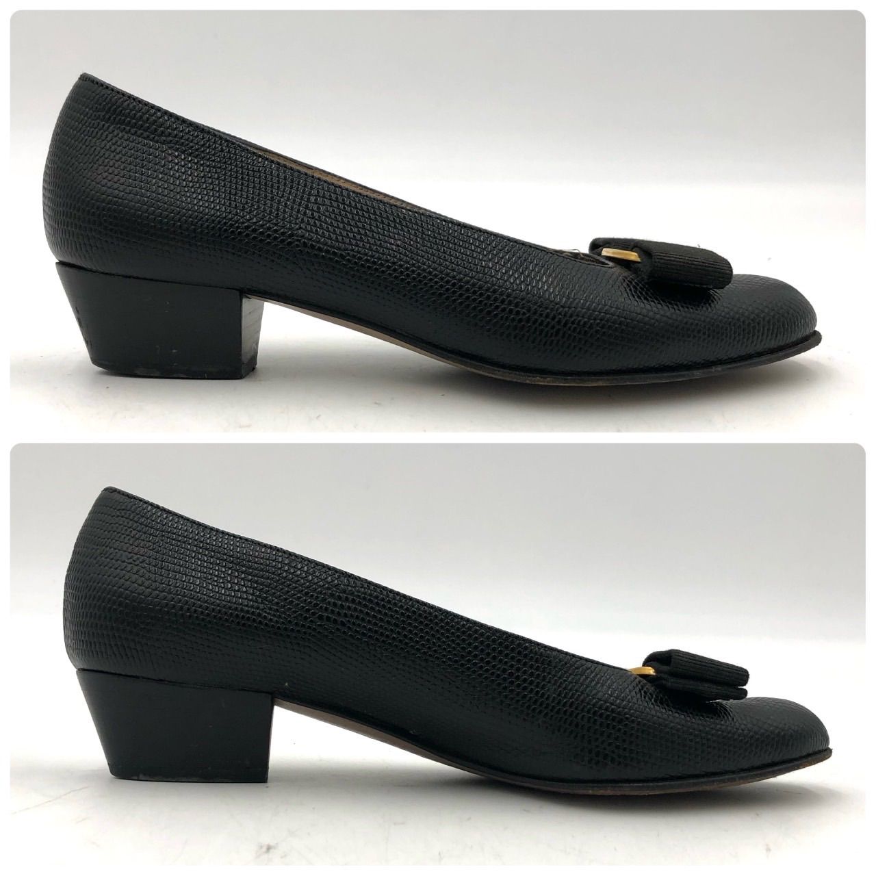 フェラガモ ヴァラ パンプス 23cm 黒 クロコ 型押し レザー 革靴 5.5C