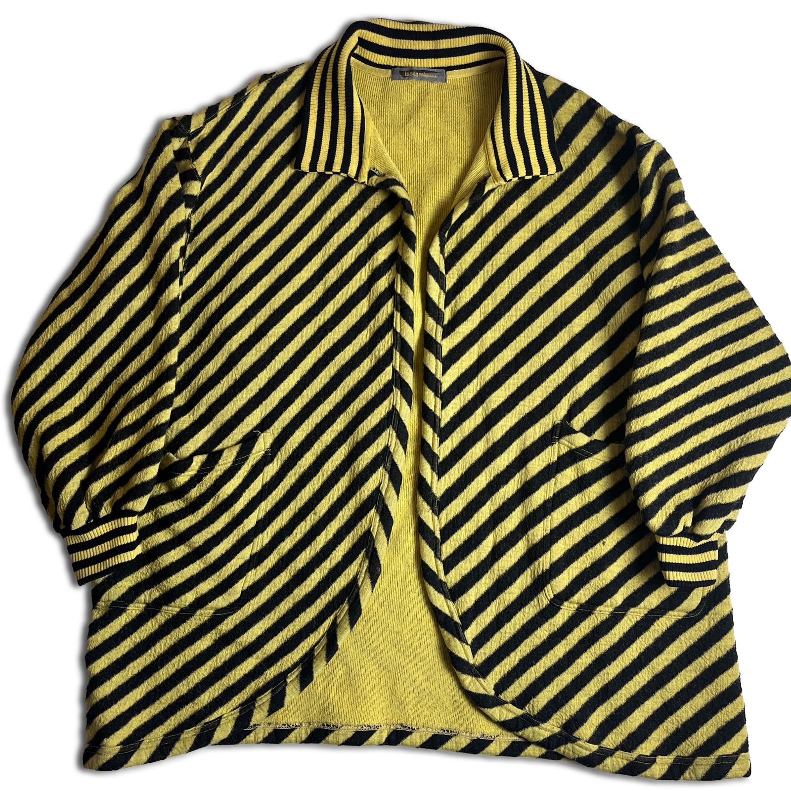 80s】ISSEY MIYAKE 筆タグ ボタンレス ウール羽織り 9 黄×黒 イッセイ